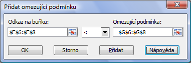 Přílohy 167 cházejí buňky, obsahující hodnoty proměnných. V MS Excel jsou nazvány jako Měněné buňky. Obr. P1.3 Zadání matematického modelu v řešiteli Následuje zadání omezujících podmínek.