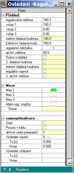 10. Okno on-line provozu Po navázání komunikace s regulátorem (nebo oknem simulátoru) se otevře okno Ovládání.