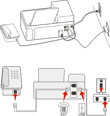 Faxování 74 Pokud je další zařízení (telefon nebo záznamník) vybaveno konektorem RJ-11, můžete ochrannou záslepku odstranit a zapojit zařízení do portu tiskárny.