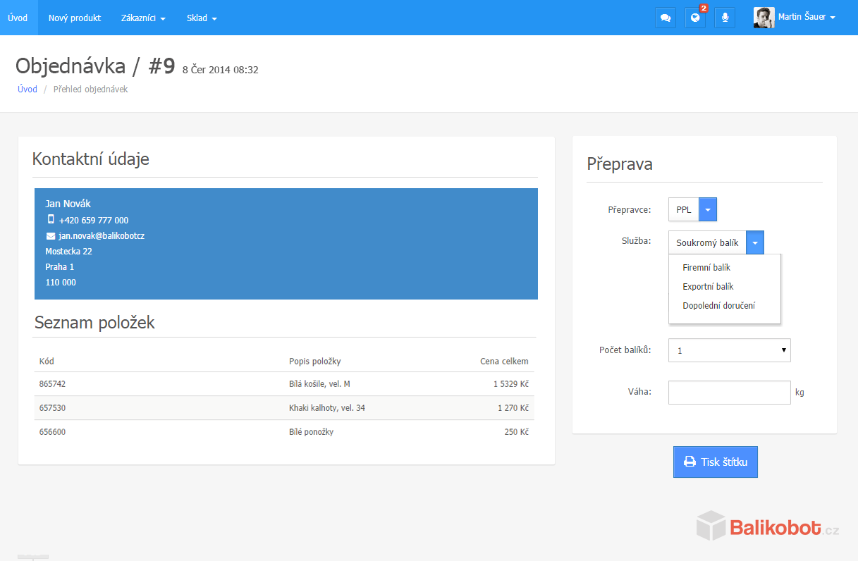 Detail objednávky nezaslaná do API Objednávka, která ještě nebyla zaslána do API Balikobot by měla mít na svém detailu několik důležitých informací: přepravce (pokud si uživatel chce změnit na