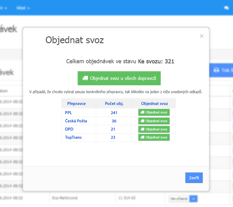 Objednání svozu Po kliknutí na tlačítko Objednat svoz doporučujeme zobrazit kontrolní výpis s počty objednávek ke svozu.