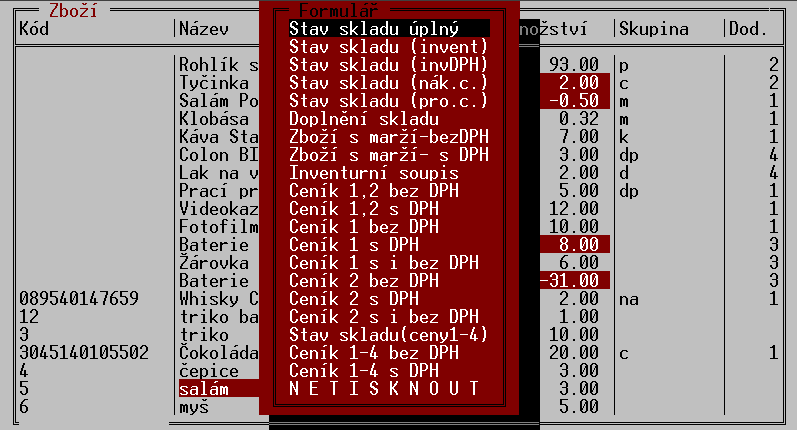 TRIFID 2014 STANDARD Uživatelská příručka Klávesou <Enter> se vybere druh sestavy a spustí tisk.