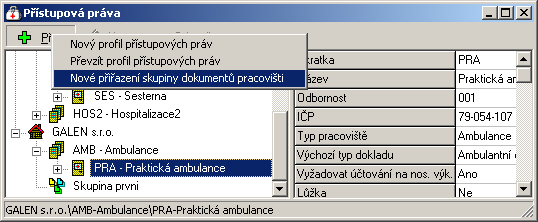 Přehled menu programu - Konfigurace 209 Pojmenujte skupinu (pole Název) a položku Ambulantní karta přesuňte z pole Dostupná dokumentace do pole Zvolená dokumentace. Uložte tlačítkem OK.