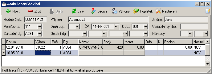 26 Medicus 3.V dokladu vyplňte požadované údaje a uložte klávesou F2 nebo ikonou. Poznámka: Hlavička dokladu je standardně vyplněna údaji pacienta, který je vyhledán v kartotéce.