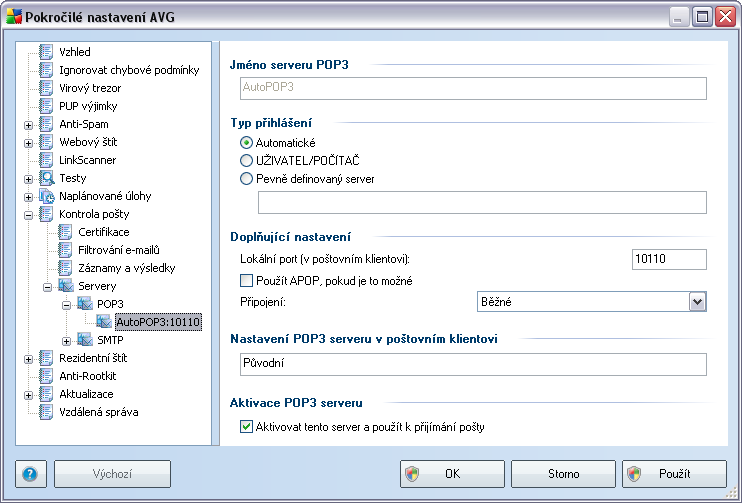 V tomto dialogu (odkaz Servery / POP3) nastavujete server Kontroly pošty s protokolem POP3 pro příchozí poštu: Jméno serveru - zvolte jméno serveru nebo ponechejte přednastavený název AutoPOP3 Typ