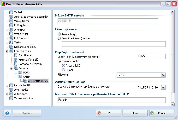 V tomto dialogu (odkaz Servery / SMTP) nastavujete server Kontroly pošty s protokolem SMTP pro odchozí poštu: Název SMTP serveru - zvolte jméno serveru nebo ponechejte přednastavený název AutoSMTP