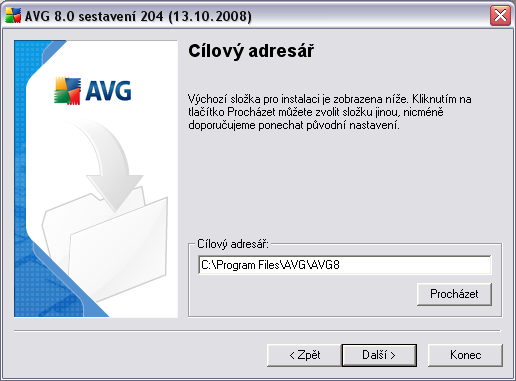 5.6. Uživatelská instalace - Cílový adresář Dialog Cílový adresář vám dává možnost určit, kam má být program AVG instalován.