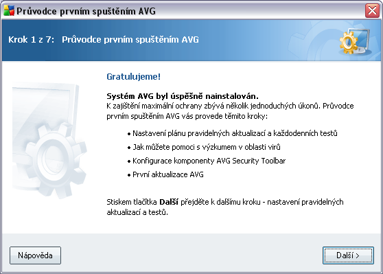 6. Průvodce prvním spuštěním AVG Po dokončení instalace se automaticky spustí Průvodce prvním spuštěním a provede vás procesem konfigurace AVG 8.5 Anti-Virus plus Firewall.