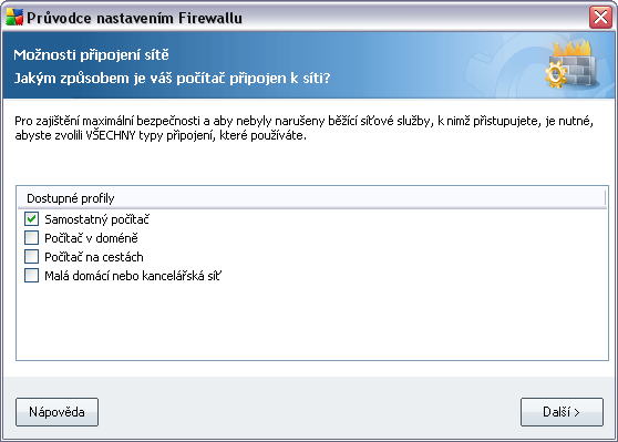 7. Průvodce nastavením Firewallu Průvodce nastavením Firewallu se spustí automaticky po instalaci AVG 8.5 AntiVirus plus Firewall.