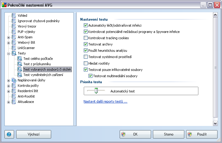 Veškeré parametry nastavené v tomto konfiguračním dialogu se vztahují pouze na ty oblasti vašeho počítače, které jste vybrali pro testování v rámci Testu vybraných souborů či složek!