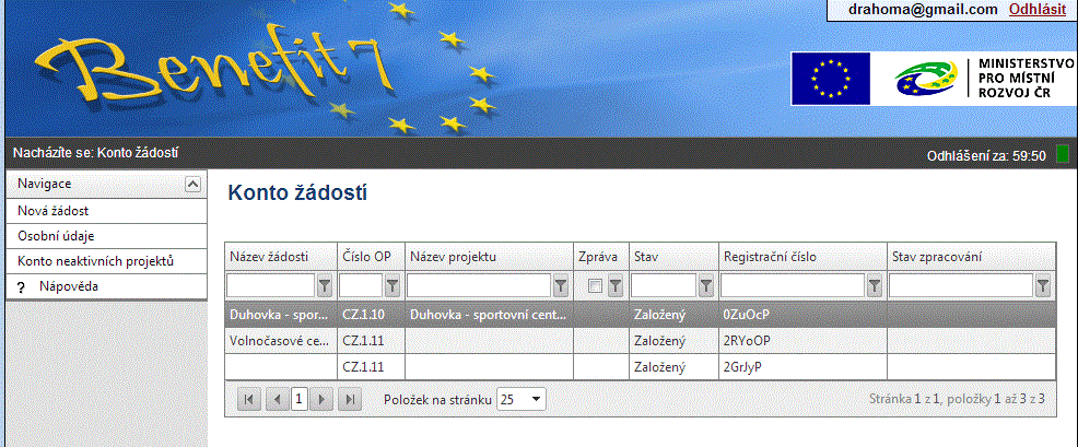 Po dokončení přesunu se projektová žádost objeví v seznamu na Kontě neaktivních žádostí, do kterého lze vstoupit pomocí uživatelského panelu vlevo přes záložku Konto neaktivních projektů (viz