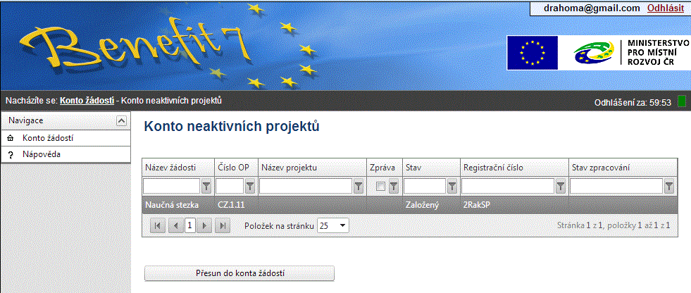 Vrácení projektové žádosti zpět do Konta žádostí se provádí po vstupu do záložky Konto neaktivních projektů.
