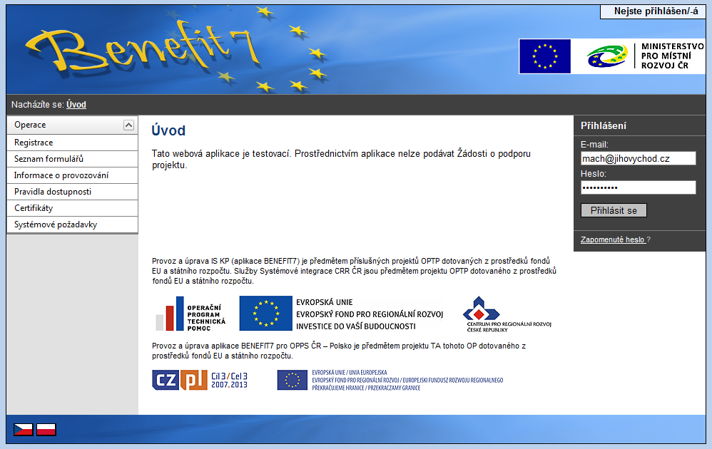 3.3 Přihlášení k uživatelskému účtu Přihlášení se provede pomocí formuláře na pravé straně hlavní obrazovky. Vyplňte email, kterým jste se registrovali, a heslo, které jste si zvolili. 3.