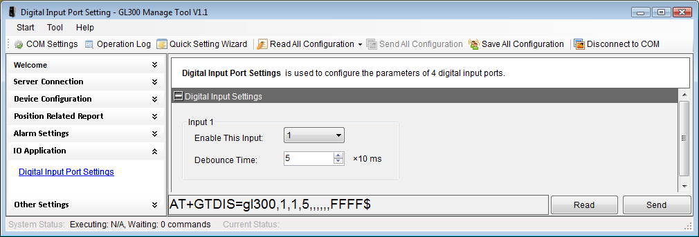 IO Application (nastavení digitálního vstupu): Digital Input Port Settings nastavení parametrů digitálního vstupu např pro připojení EMM sondy.