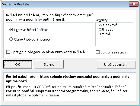 Položka formuláře Na základě změny proměnných je samovysvětlující definuje buňky, které bude Řešitel měnit tak dlouho, dokud nedosáhne požadovaného optima v cílové buňce.