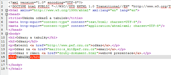 13. V editoru BlueFish se přepněte kliknutím na záložku druhydokument.html na druhý soubor.