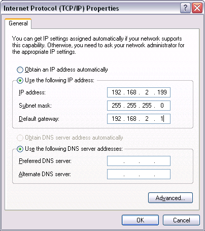 7. Zadejte IP adresu a subnet mask. 8. Klikněte na [ OK ]. V příkladu má PC přidělenou IP addresu 192.168.2.199 a subnet mask 255.255.255.0.