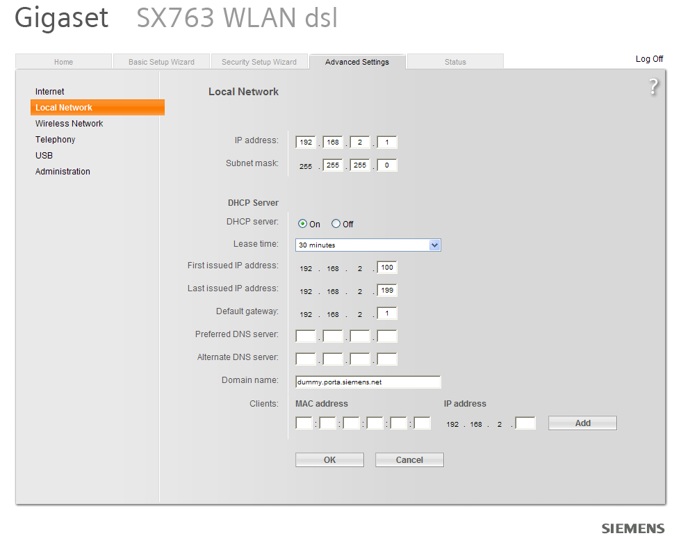 Místní síť (Local area network - LAN) Kromě dalších nastavení se pro místní síť nastaví IP adresa, subnet mask a DHCP: IP adresa routeru je pevná. Subnet mask stanoví velikost lokální sítě.