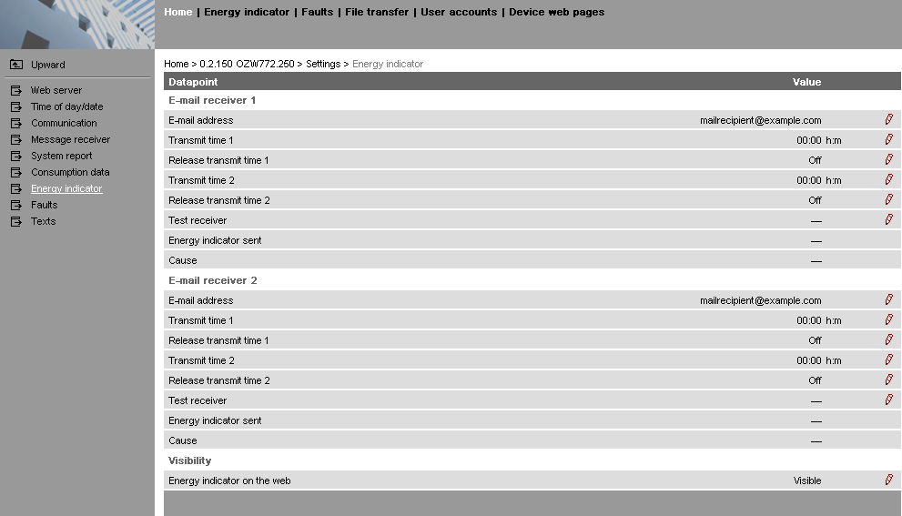 6.5 E-mail s Indikátorem spotřeby pro soustavu 6.5.1 Konfigurace příjemce e-mailu "Indikátor spotřeby" soustavy lze nastavit tak, aby se buď neodesílal žádný e-mail (žádný čas odesílání = Tovární