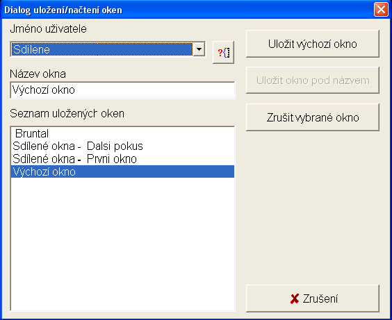 8.1 Ukládání uživatelských oken Tato funkčnost slouží k vícenásobnému uložení různých konfigurací uživatelských oken. Okna se ukládají přes menu Okna Uložení oken.