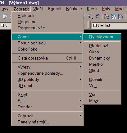 Práce s obrazovkou menu Zobrazit Měřítko zobrazení ( zoom ) Nejlepší je kolečko myši: Otáčení kolečka = zvětšování (zmenšování) výkresu.