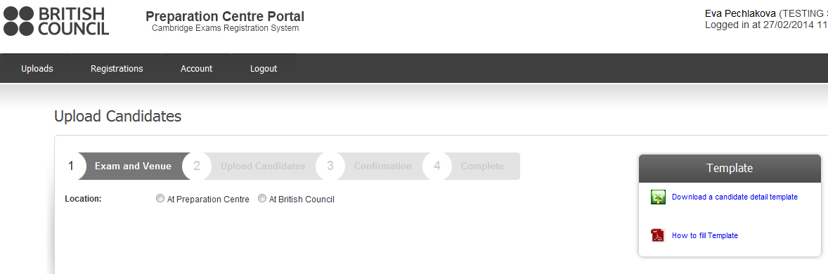 3) Registrace kandidátů = Upload Candidates Po přihlášení uvidíte následující prostředí: V nabídce Uploads vyberte Upload candidates : Vpravo v rámečku Template si stáhněte šablonu v excelu, kam