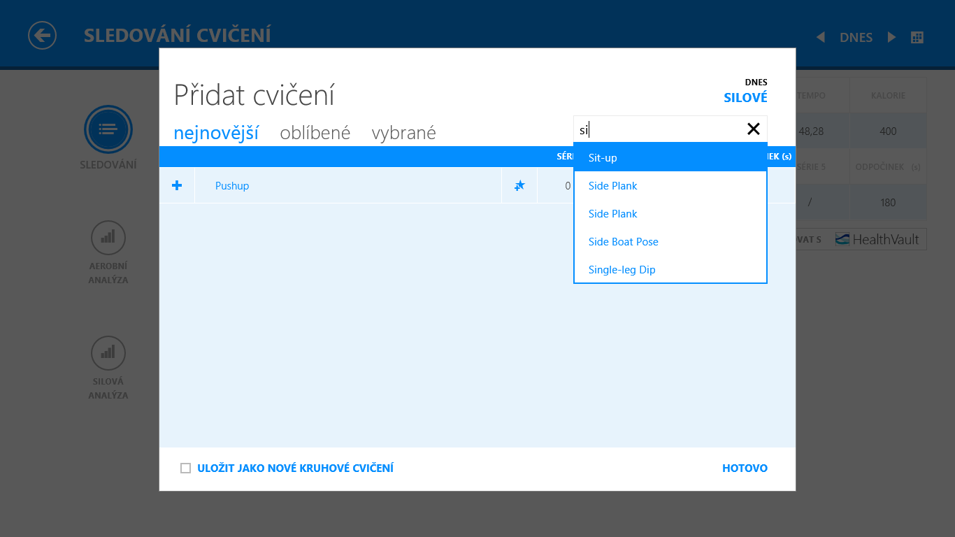 Testování use cases kognitivních průchodem 1. Přidat silové cvičení Krok 1 kliknutí na tlačítko +cvičení obr 3 přidat cvičení V prvním kroku má uživatel za úkol přidat silové cvičení.