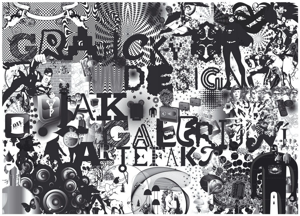 Grafický design jako galerijní artefakt, 2009, černobílý tisk na samolepící baner, instalace 350 250 cm, 2x videoprojekce, smyčka 3