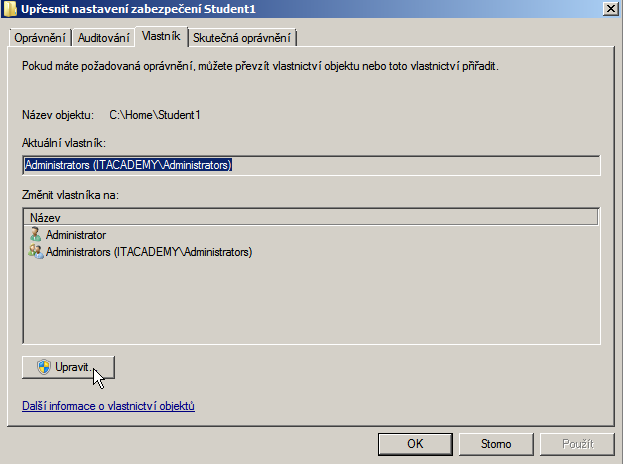 32. Ve složce Home vytvořte složku Student1 a nastavte uživatele Student1