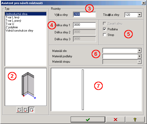 2.2 Definovat stěnu Začněte funkcí Definovat stěnu. Asistent pro navrhování interiéru má různé možnosti nastavení: 1. Definice typu stěny 2.