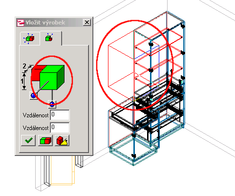 Vložit nábytek s různou hloubkou (zarovnat čela nebo zarovnat záda) Pokud se vkládá např. horní skříňka, může se orientovat podle již vložené vysoké skříně. Postup: 1.