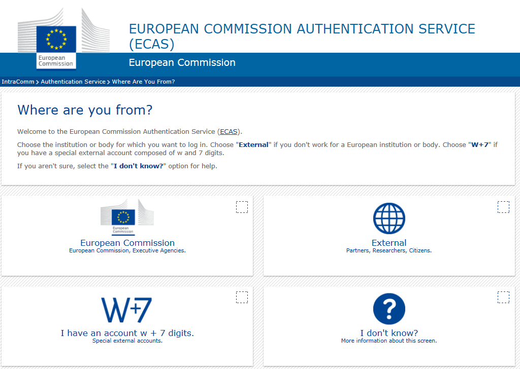 Vraťte se na portál účastníka a klikněte na tlačítko LOGIN vpravo nahoře. 5. Budete přesměrováni na stránky ECAS. Pokud se zobrazí následující stránka, zvolte doménu External ( Externí ).