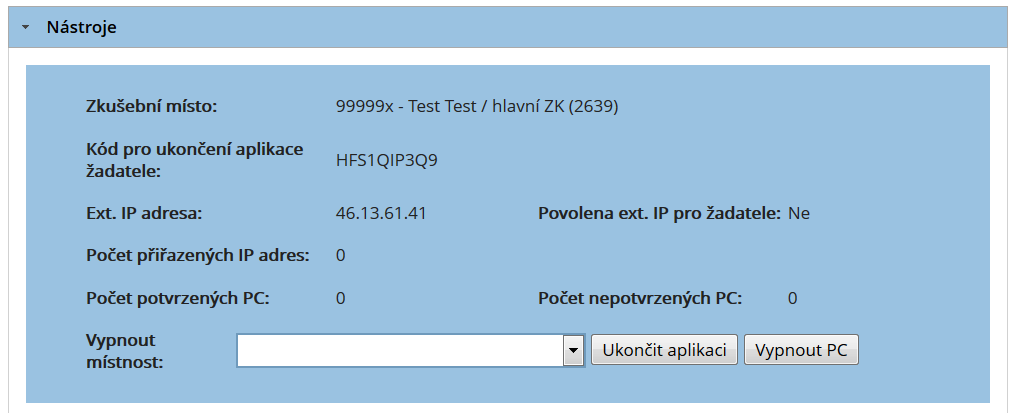 2.4.1 Základní informace Základní informace o registraci stanic se zobrazují hlavnímu zkoušejícímu na stránce profilu v části označené Nástroje. Zde jsou mimo jiné zobrazeny informace: Ext.