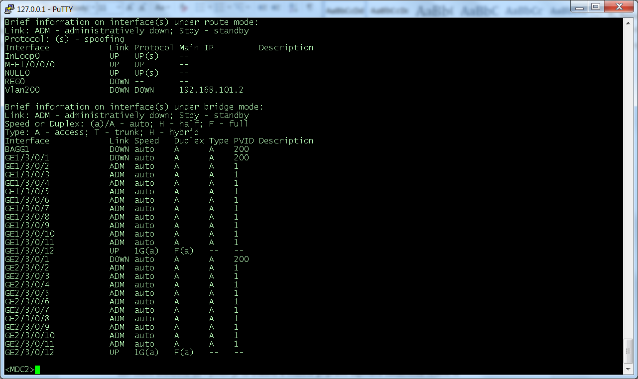 Konektivitu uděláme jako L2 etherchannel a IP adresu dáme na vlan interface, nastavíme default routu na VSR: system-view Sysname MDC2 Vlan 200 int Bridge-Aggregation 1 int g 1/3/0/1 port
