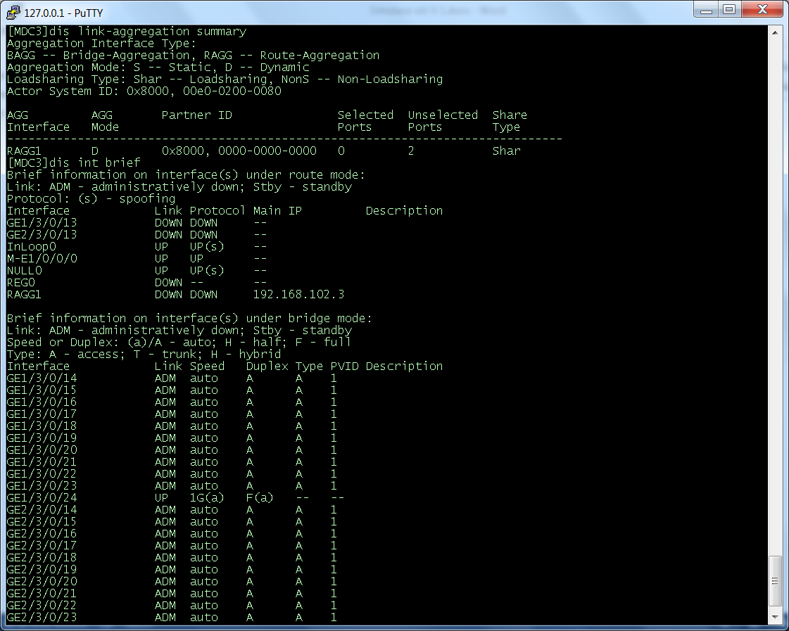 MDC 3 Nakonfigurujeme jako L3 etherchannel a ten oadresujume, nastavíme default routu na VSR Switchto mdc 3 system-view Sysname MDC3 int Route-Aggregation 1 int GigabitEthernet 1/3/0/13 port