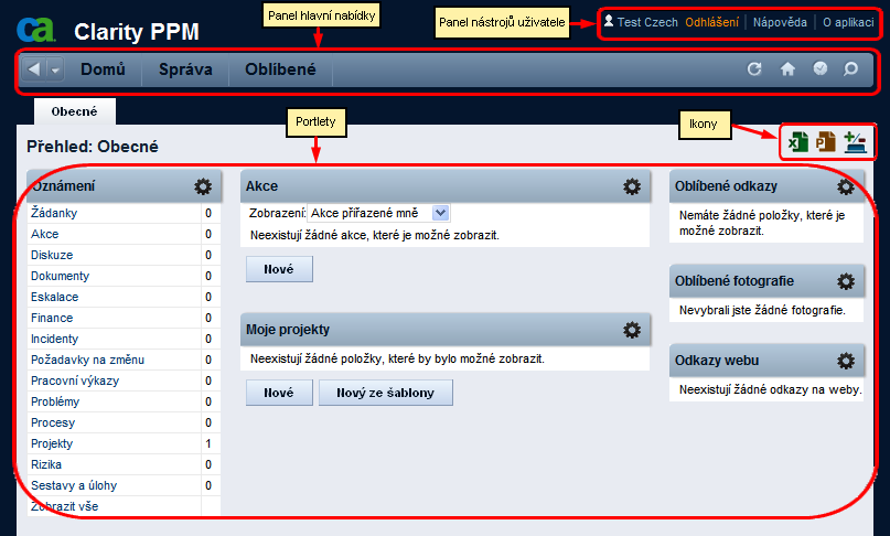 Stručná prohlídka aplikace CA Clarity PPM Stručná prohlídka aplikace CA Clarity PPM Následující obrázek ukazuje výchozí domovskou stránku a její hlavní součásti.