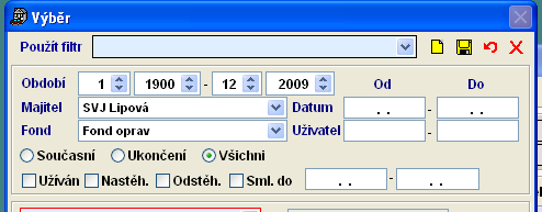 Sestavy hospodaření tiskneme vţdy pro vybraného majitele v nabídce Pasporty Majitelé domů - Sestavy Hospodaření fondů.