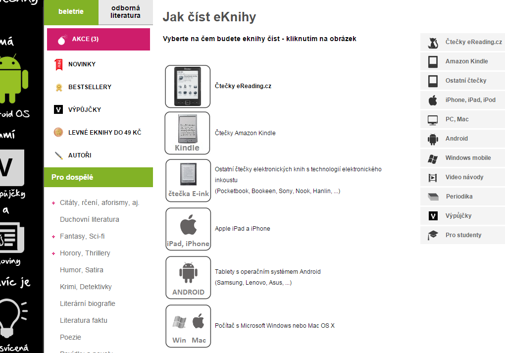 2. INSTALACE APLIKACE ereading NA TELEFON, TABLET 2.1. Otevřete si stránky www.ereading.cz.