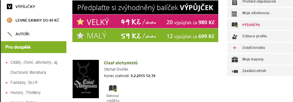 3.11. Po přihlášení v pravém menu klikněte na evýpůjčky 3.12. Kliknutím na ikonu Stáhnout výpůjčku dokončíte půjčování. E knihu stáhnete do svého telefonu, tabletu B.