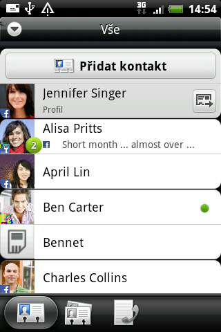 72 Lidé Seznam kontaktů Karta Vše v aplikaci Lidé zobrazuje všechny kontakty v zařízení HTC Salsa a z online účtů, ke kterým jste přihlášeni.