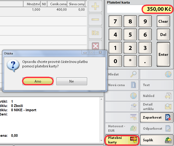 2.6. Platba kartou Klikneme na tlačítko PLATEBNÍ KARTY a potvrdíme částku klávesou ENTER.