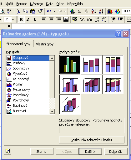 Vytvořeni grafu Z nabídky vložit - graf.. nebo ikonou na panelu nástrojů Vybereme vhodný typ grafu.