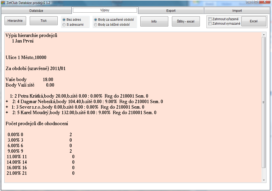 Výpisy Tlačítka Vypíše hierarchii prodejců (akce může trvat delší dobu u prodejců s rozsáhlou sítí). Prodejce lze tisknout bez adres nebo s adresami a s body za uzavřené nebo běžné období.