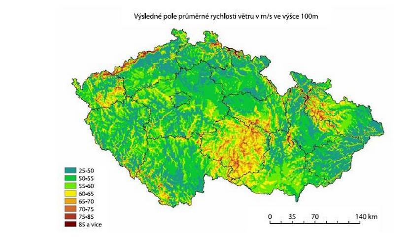 Obrázek č. 3: Průměrná rychlost větru v ČR ve výšce 100 m nad terénem [m/s] Zdroj: ČSVE.cz Tabulka č.