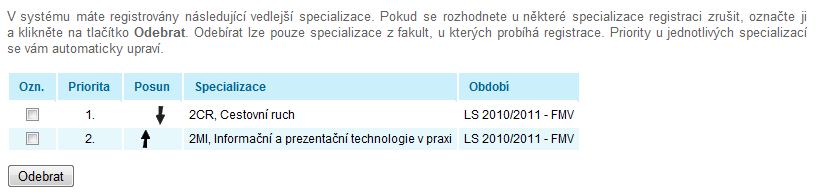 Vedlejší specializace v ISIS 8 Registrace Klepnutím do tlačítka tiskárny ve sloupci Tisk informací lze zobrazit informace o VS ve formátu PDF.