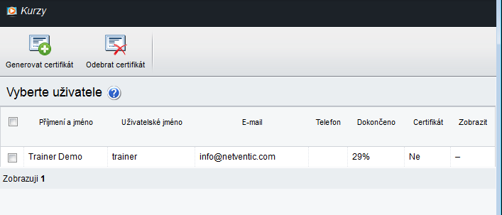 V případě, že si přejete vidět, kolik studentů již získalo certifikát u daného kurzu, zatrhnete daný kurz a stisknete tlačítko.