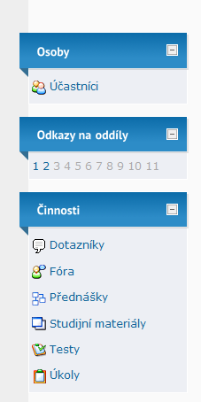 E-learningový kurz Knihovnické minimum Struktura kurzu v Moodlu Komunikace v kurzu Diskusní fóra v prostředí