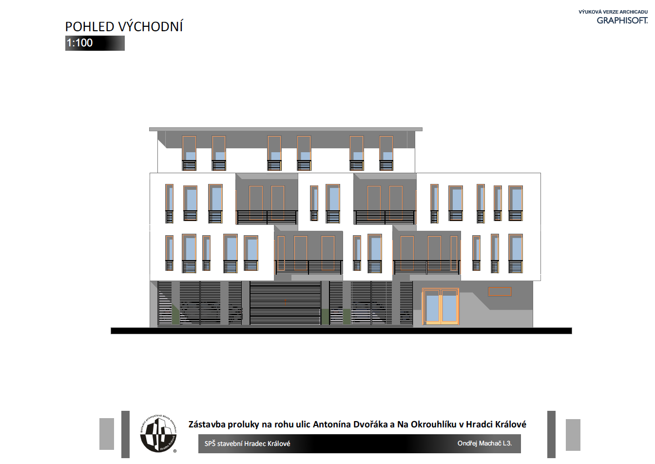 Architektonické řešení Vycházím ze základní hmoty kvádru. Velká hmota objektu je rozbita předsazením druhého a třetího podlaží od přízemí. Čtvrté podlaží je řešeno ve formě ustupujícího.