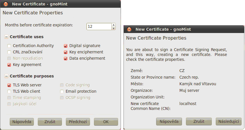 Obrázek 6.2.1-1: Generování certifikátu certifikační autority. Aplikace vytvoří pár klíčů, certifikát a uloží vše do databáze. 6.2.2 Vytvoření certifikátu serveru Nejprve je potřeba vytvořit požadavek na certifikát volbou Certificates Add Add certificate request.