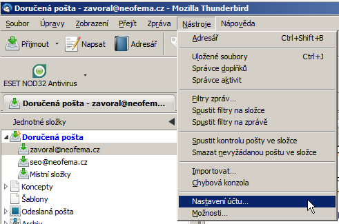 Mozilla Thunderbird Otevřeme Mozilla Thunderbird poklepáním na ikonku V horním menu vybereme položku Nástroje Klikneme na